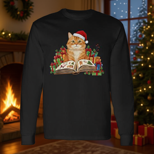 Camiseta de manga larga con diseño de gato naranja, libro de lectura navideño, gorro de Papá Noel, para amantes de los gatos, Navidad - Product Image 2
