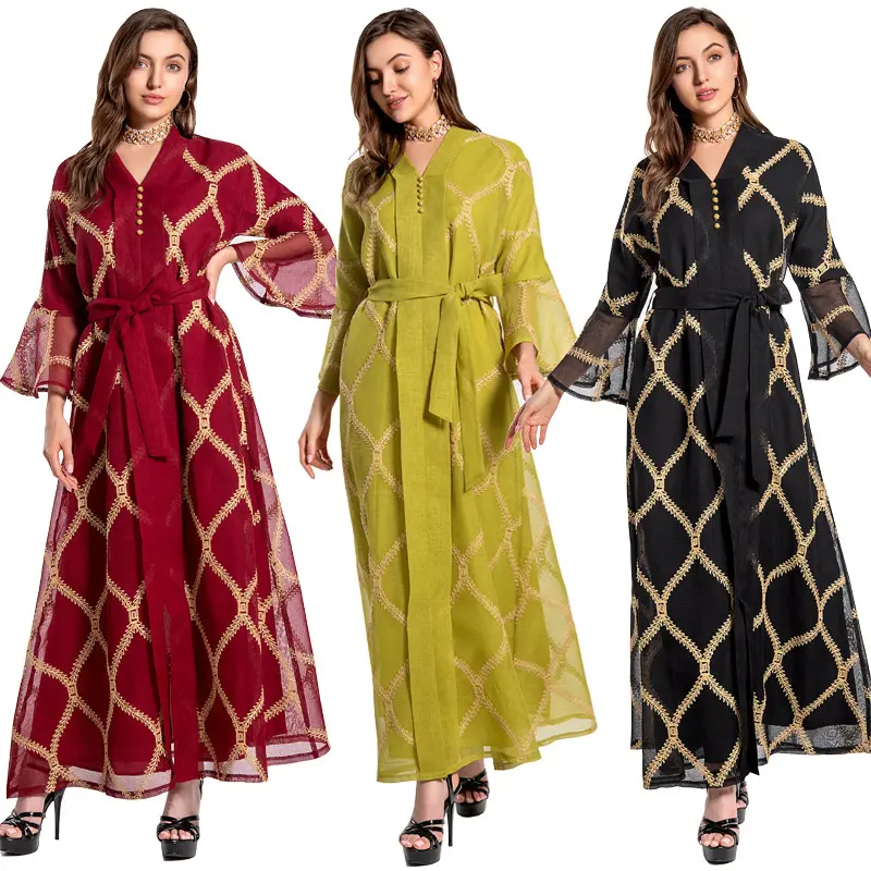 Длинное Сетчатое платье с вышивкой в стиле Абайи для женщин на Ближнем Востоке