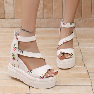 Women European Style Peep-Toe <b>Sandals</b> With Large Wedge Heel Closed Back, Summer Back Zipper Floral Roman <b>Sandals</b> - Product Image 1