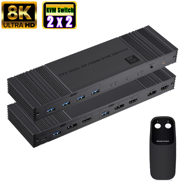 8K Display DP HDMI KVM Switch 2x2 2 Monitors 2 Computers 2 in 2 Out USB 3.0 Dual Monitor HDMI+DP KVM Switch with IR Controller