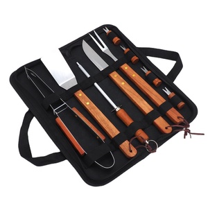 10 pièces rôtisserie pique-nique BBQ grils accessoire trousse à outils étui en tissu Oxford comprend métal manche en bois <span class=keywords><strong>accessoires</strong></span> de <span class=keywords><strong>barbecue</strong></span> - Product Image 1