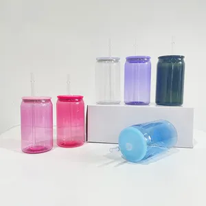 Reusable Travel Ice Coffee Mugs 16oz Soda Pop Beer Can Jelly Colored Clear Plastic Cup With Straw And Lid For Vinyl UV DTF