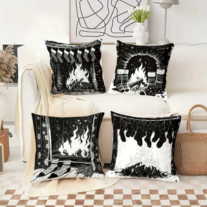 Taies d'oreiller de Noël noires et blanches avec des motifs de cheminée et de bas de Noël festifs pour une décoration de vacances chaleureuse. - Product Image 2