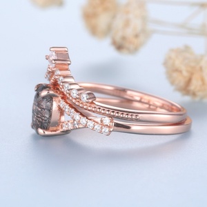 แหวนเงินแท้ 925 ชุบทองคำขาวประดับควอตซ์ธรรมชาติ แหวนแต่งงาน แหวนควอตซ์รูไทเลตสีดำ - Product Image 5