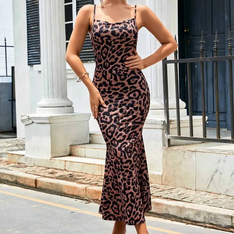 Backless Leoparden muster Maxi kleid Damen Sommerfest Kleidung Stilvolle Lady Bodycon Open Back Lange Sexy Elegante Party kleider