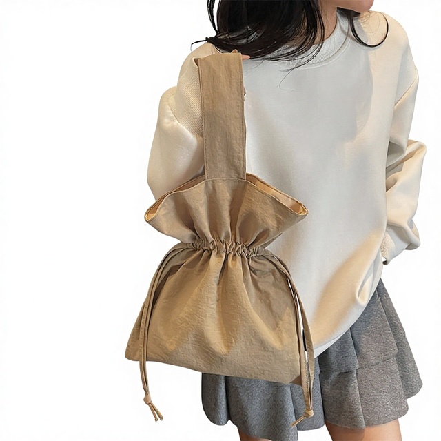 Japanese-Style Minimalist Women's Wrist Bag Designer Pleated Drawstring Strapless Small Size Nylon Everyday Use Simple Design