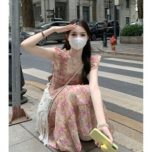 French Style Floral Print Sundress Square Collar <b>Elastic</b> Waist Breathable Casual <b>Dress</b> For Summer 2025 - Product Image 3