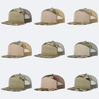 Gorra Trucker de 7 Paneles para Adulto, Estructurada, de Algodón 168, con Parche de Cuero Personalizado con Logotipo, Bordado y Apliques de Camuflaje, Cierre a Presión