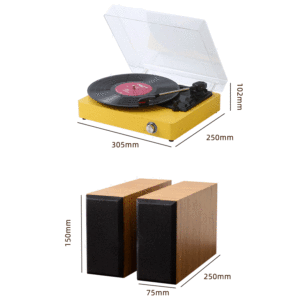 Système de tourne-disque analogique personnalisé avec deux enceintes stéréo, design rétro en bois, pour la décoration de la maison ou comme cadeau. - Product Image 1