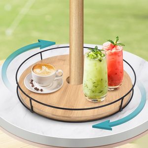 Bamboo Lazy Susan <b>Tray</b> With Umbrella Hole Rotating Turntable For Outdoor Table Serving <b>Tea</b> Drinks - Product Image 1