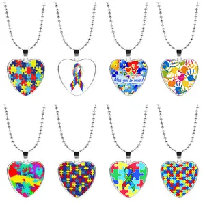 Consapevolezza dell'autismo 7 Chakra gemma di cristallo con perline in lega cuore ciondolo collana nastro per mamme festa della mamma regalo ametista - Product Image 1