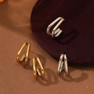 Boucles d'oreilles en acier inoxydable à double <span class=keywords><strong>couche</strong></span> géométrique en forme de CC Waterproof Fashion Women Earrings Jewelry - Product Image 1