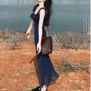 French Style Polka Dot Flutter Sleeve Square Neck Suspender <b>Dress</b> <b>Elastic</b> Waist Long Casual <b>Dress</b> For Women Summer 2025 - Product Image 4
