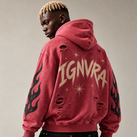 Sweat-shirt à capuche zippé pour homme, délavé à l'acide rouge, avec lettres brodées, motif toile d'araignée, manches effet flamme, trous usés, imprimé étoiles, coupe oversize, style streetwear