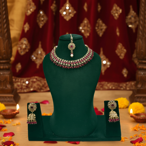 Ethnic Gold Plated Alloy Emerald Necklace Earrings Maang Tikka Set Flower Design Women <b>Indian</b> Bridal Wedding Party Jewelry High - Product Image 3