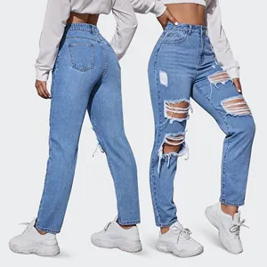 Women Blue Jeans Pants High Rise Ripped Raw Hem Mom Jeans Street Trend Denim Trousers Of Women Wholesale Ladies Stretch