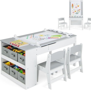 Tavolo Artistico per Bambini con 2 Sedie, Tavolo in Legno per Bambini con Piano Sollevabile e 2 Spazi Interni, 6 Cassetti in Tessuto e 4 Portabicchieri - Product Image 1