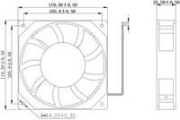 Ventilateur de refroidissement DC 119x119x25mm 28V PWM FG RD avec fonction RD, pales en PBT, étanchéité IP55/IP68, double roulement à billes, électrique, ODM
