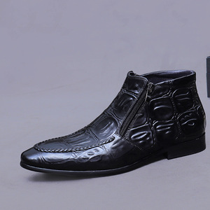 Botas de cuero con estampado británico para hombre, estilo formal de negocios, piel de vacuno de primera calidad con punta puntiaguda, doble cremallera, caña alta. - Product Image 5