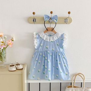 Sommerlicher Spitzen-Strampler ohne Ärmel für Babymädchen mit Haarband-Set, dünnes Blumenmuster-Kleid für Kinder, süße Kinderkleidung - Product Image 5