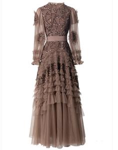 Gaun Malam Ukuran Besar 2024 Musim Gugur Musim Dingin Pesta Prom Wanita Gaun Maxi Lengan Panjang Berpayet Jala Renda Patchwork Festival 3XL - Product Image 1