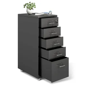 Mobile 5 Drawers Thickened Metal Storage Cabinet with Casters and Lock Small Classification Storage Cabinet Black