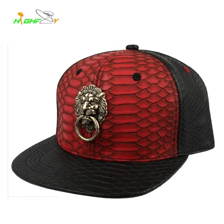 De alta calidad de cuero de piel de serpiente seis Hip Hop gorra con Cierre trasero con accesorios de Hardware y Strapback