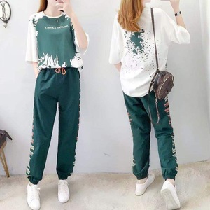 Women's Casual Sports Suit Loose Fit Korean Style 2025 Summer New Arrival Harem Pants Short Sleeve Two Piece Set Green - Product Image 2