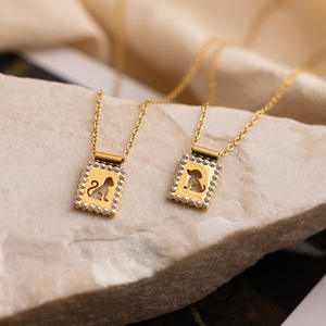 Collier pendentif rectangulaire texturé avec gravure de perle, motif mignon de chien et de chat, pour les amoureux des animaux délicats, pour femmes - Product Image 5