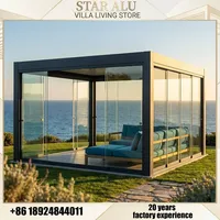 Pergola à lames orientables en aluminium, toit motorisé, portes coulissantes en verre, design étanche pour piscine, villa, cabanes, jardins
