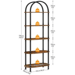 Scaffale alto 5 livelli, libreria ad arco industriale espositore ripiano, libreria in legno per la casa organizzatore di libri - Product Image 2