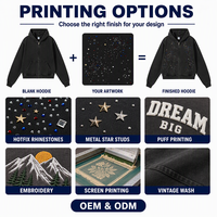 Sweat à capuche entièrement zippé personnalisé 450 g/m² en coton et polyester délavé style vintage avec embellissement étoile en strass, streetwear oversize pour homme