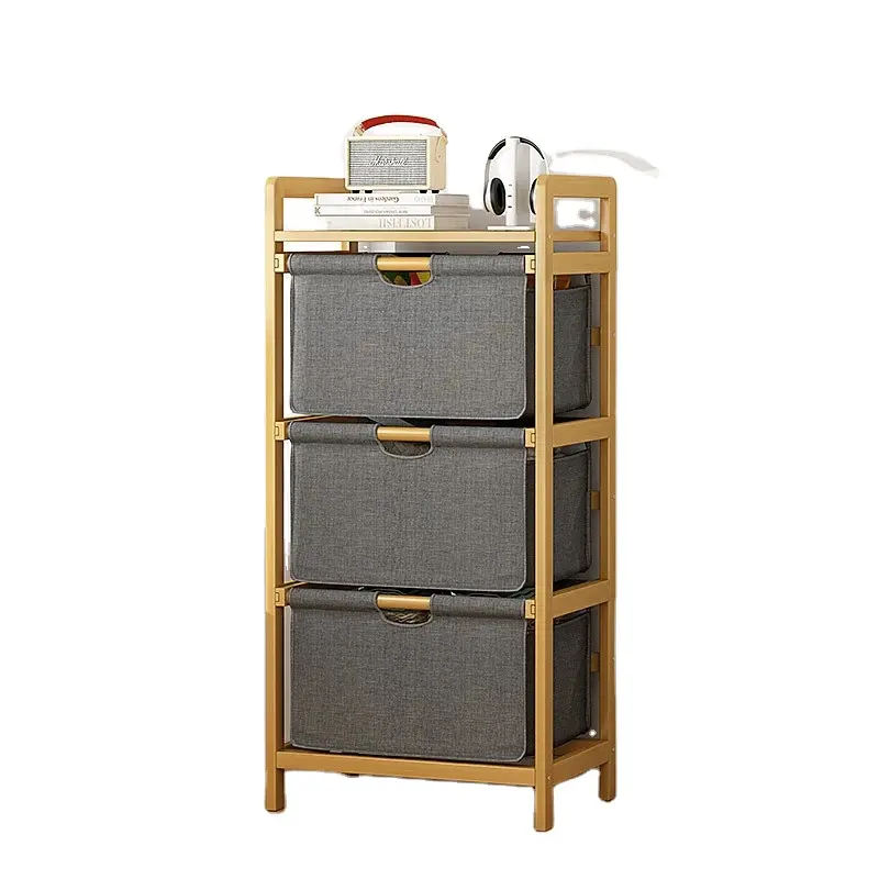 Custom Bamboo rack with Storage Chest of Drawers with 3 Removable Fabric Bins for Closet Fabric Bins Multi-Bin Organizer