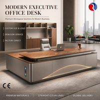 Bureau de direction moderne en forme de L, placage bois, titane, table de bureau pour PDG avec éclairage LED et tiroirs
