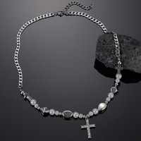 Collier Croix en Cuivre Perlé Réfléchissant Luxe Niche, Entièrement Serti de Diamants, Style Européen et Américain Tendance pour Hommes, Hip-Hop Urbain