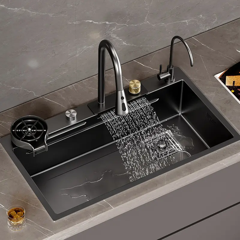 New Trending Nano Black Step Kitchen Sink 304 Stainless Steel Handmade Above Mount Waterfall Faucet Farmhouse Kitchen Sinks