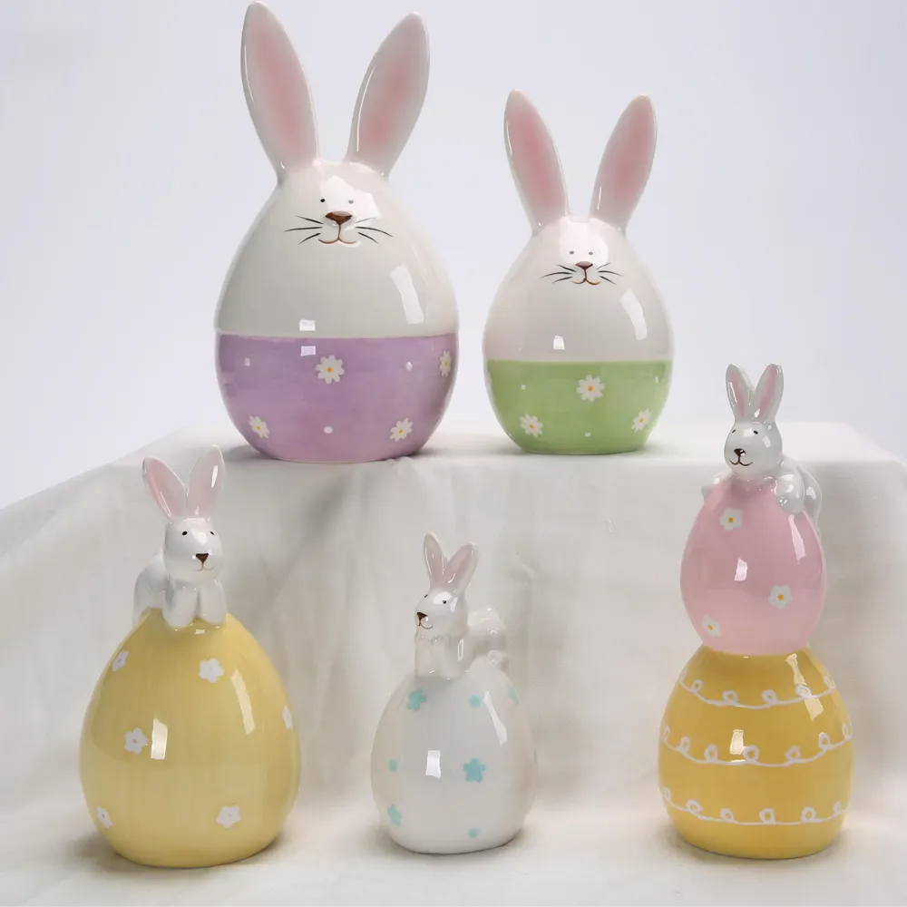 春の家の装飾イースターバニーウサギの卵の装飾セラミックウサギの置物バニーエッグの置物