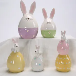 Spring Home Decor Easter Bunny Rabbit Eggs Decorations Ceramic Rabbits Figurine Bunny Eggs Figurines