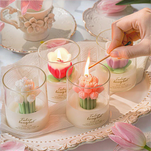 Velas Aromáticas Hechas a Mano con Forma de Ramo de Tulipanes, Cera de Soja, para el Día del Padre, Bodas, Decoración del Hogar, Vela en Vaso de Vidrio para el Día - Product Image 3