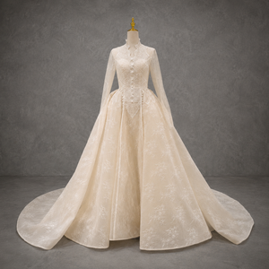 Vestido de Novia Modesto Tipo Bola con Cuello Alto, Manga Larga, Basque, Sobrefalda Desmontable, Encaje, Tallas Grandes, Estilo Princesa, Fabricación Personalizada - Product Image 2
