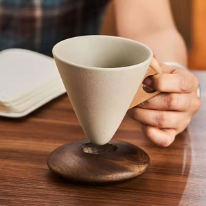 Juego de taza y platillo de café capuchino de piedra de 250 ml con embudo, taza de té con leche y espresso personalizada con base de madera - Product Image 4