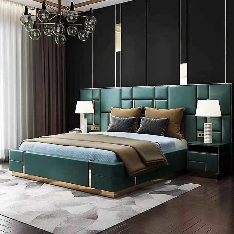 Nuevo diseño precio de fábrica dormitorio italiano de lujo cama King Size de cuero Metal moderno terciopelo cama tapizada con mechones