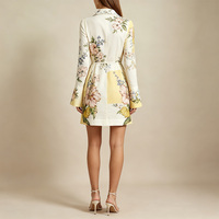 Robe Mini-jupe Bohème Rétro Imprimée OEM pour Femme, Coupe Ample, Manches Longues Évasées, Taille à Nouer, Boutons, Style Décontracté d'Été
