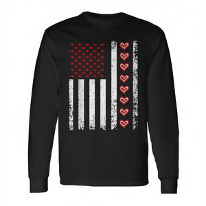 T-shirt a maniche lunghe con cuori della bandiera americana per San Valentino per coppie - Product Image 2