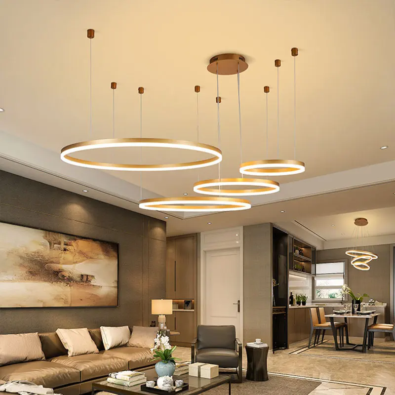 Minimalist ev yüzük tavan avize asılı lamba altın 220 volt büyük LED avizeler Modern kolye ışıkları