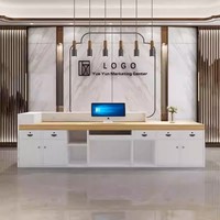 Comptoir de caisse en bois moderne minimaliste avec éclairage LED, design durable et épuré, pour bureau commercial, salon de beauté, spa, réception