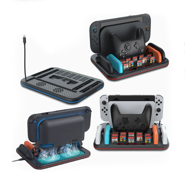 All in One Cooling Stand Charger Base with Dual Fan and 20 Cartridge Holders for Nintendo Switch 2, Switch PRO, OLED