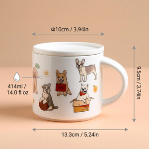 Großhandel Niedliche Hunde-Keramik-Kaffeetasse mit Deckel Cartoon-Welpen-Becher Glänzend Weiß Kawaii Tierliebhaber Tee-Milch-Tasse Büro Zuhause Geschenk - Product Image 4