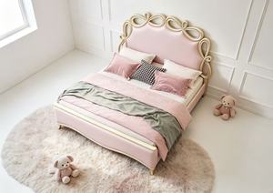 Premium Queen Size Pink Velvet Princess <b>Bed</b> With Gold Finish Bow Shaped Headboard For Kids Bedroom - Product Image 2