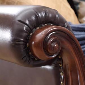 Set Sofa kulit dua warna antik, furnitur ruang tamu klasik Eropa dengan ukiran hiasan & pelapis campuran - Product Image 5